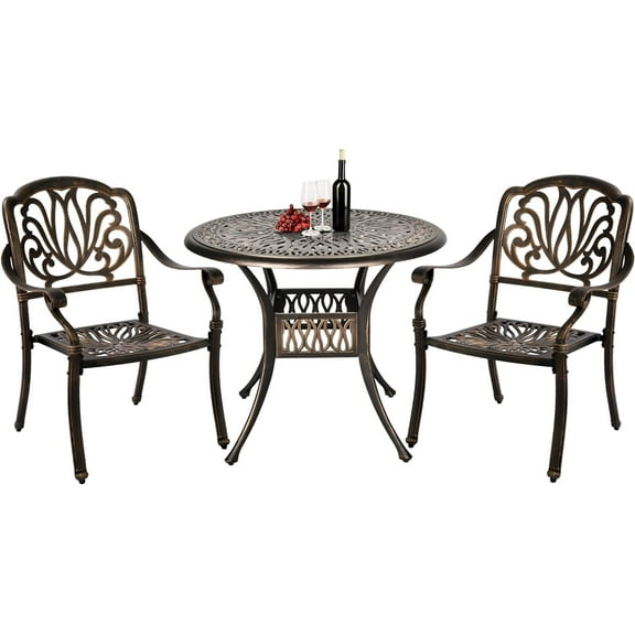 Haverchair 3 Piece Bistro Set Outdoor Cast Aluminum Patio Dining Set Table and Chairs Outside Bistro Furniture 2 Chairs and 1 Umbrella Table for Lawn Garden