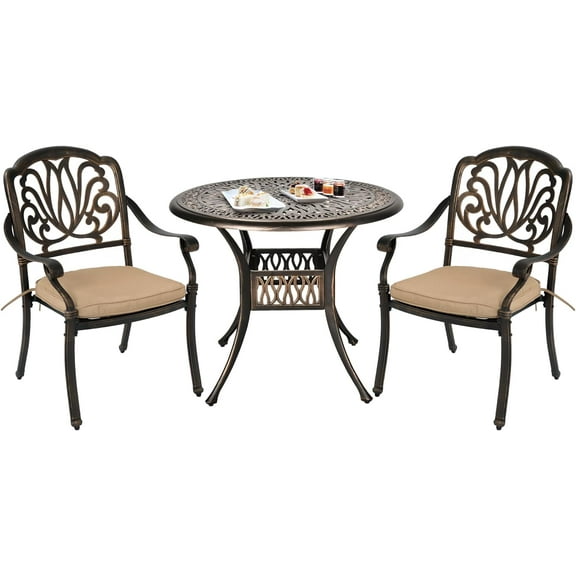 Haverchair 3 Piece Bistro Set Outdoor Cast Aluminum Patio Dining Set Table and Chairs Outside Bistro Furniture 2 Chairs with Khaki Cushions and 1 Umbrella Table for Lawn Garden
