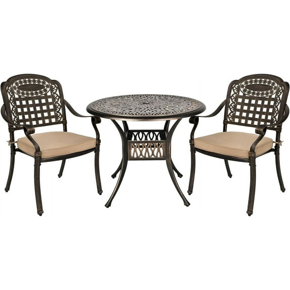 Haverchair 3 Piece Bistro Set Outdoor Cast Aluminum Patio Dining Set Table and Chairs Outside Bistro Furniture 2 Mesh Dining Chairs with Khaki Cushions and 1 Umbrella Table for Lawn Garden