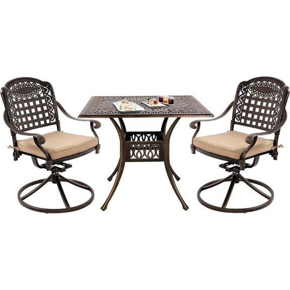 Haverchair 3 Piece Patio Bistro Set Outdoor Cast Aluminum Dining Set Patio Bistro Furniture Set 2 Swivel Chairs and 1 Umbrella Table for Lawn Garden Patio
