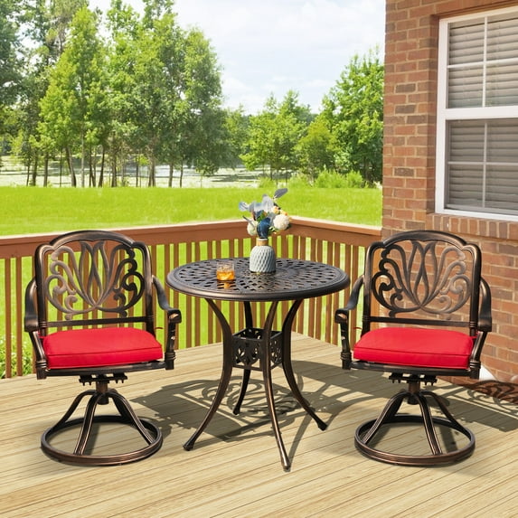 Haverchair 3 Pieces Outdoor Bistro Set, All-Weather Cast Aluminum Conversation Set with Umbrella Hole, Khaki Cushions