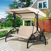 Haverchair 3-Seat Patio Porch Swing Outdoor Swing with Adjustable Canopy and Backrest, Thickened Cushion, Pillow and Foldable Side Tray for Patio, Backyard, Porch Swing Bed for Spring,Beige