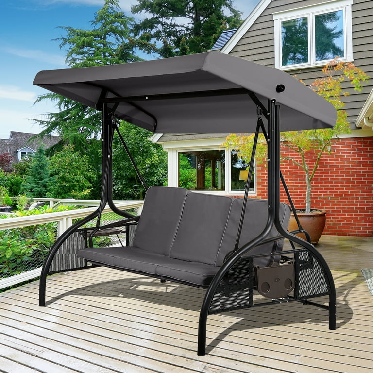 Haverchair 3 Seat Patio Porch Swing Outdoor Swing with Adjustable Canopy and Backrest Thickened Cushion Pillow and Foldable Side Tray for Patio