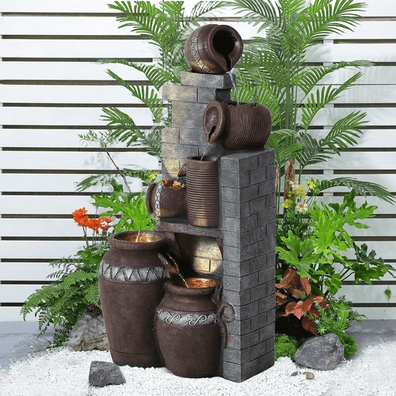 Haverchair 31.5" Outdoor Water Fountain with LED Lights 5 Tiers Modern Cascading Large Outdoor Fountain with Lights for Garden, Patio, Backyard, Deck, Porch and Home Art Decor