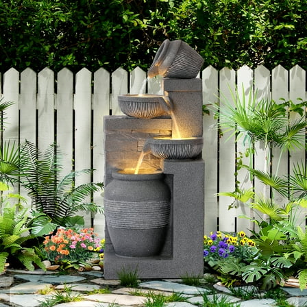 Haverchair 32"H Outdoor/Indoor Garden Water Fountain, 4 Tiers Cascading Resin Fountains and Waterfall with LEDs & Bowls, Modern Floor-Standing Patio Fountain for Porch, Deck, Yard Home Decor