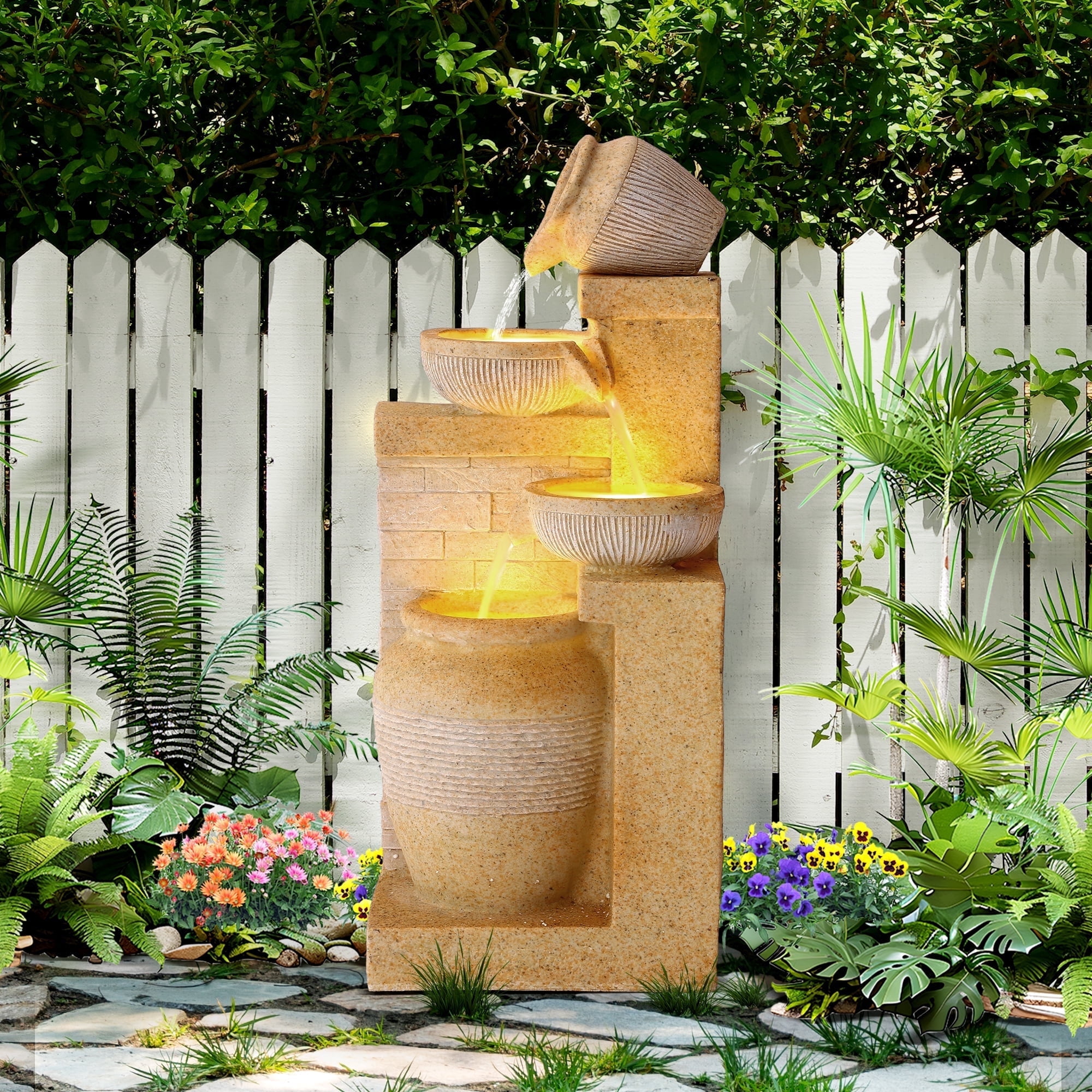 Haverchair 32" Outdoor/Indoor Garden Water Fountains, 4 Tiers Cascading Resin Fountains and Waterfalls with LEDs & Bowls, Modern Floor-Standing Patio Fountain for Porch, Deck, Yard as Home Decor
