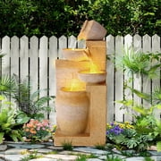 Haverchair 32 Outdoor/Indoor Garden Water Fountains, 4 Tiers Cascading Resin Fountains and Waterfalls with LEDs & Bowls, Modern Floor-Standing Patio Fountain for Porch, Deck, Yard as Home Decor