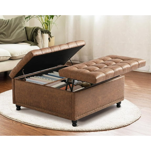 Haverchair 35.5" Large Storage Ottoman Coffee Table, Square Ottoman Bench with Storage, Lift Top Oversized Storage Ottomans, Tufted Upholstered Coffee Tables for Living Room, Bedroom (Brown)