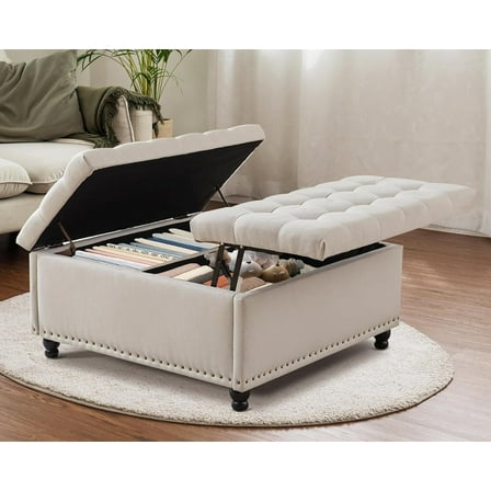 Haverchair 35.5" Large Storage Ottoman Coffee Table, Square Ottoman Bench with Storage, Lift Top Oversized Storage Ottomans, Tufted Upholstered Coffee Tables for Living Room, Bedroom (Beige)
