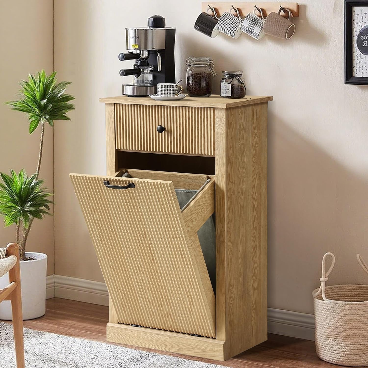 Haverchair 35.8" H Tilt Out Laundry Hamper Cabinet, Modern Fluted Trash Can Cabinets with Drawer, Wooden Hidden Garbage Cabinet for Kitchen and Bathroom
