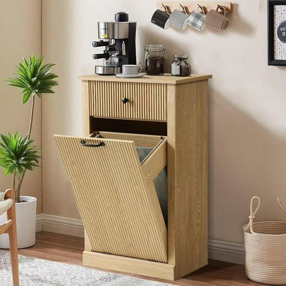 Haverchair 35.8" H Tilt Out Laundry Hamper Cabinet, Modern Fluted Trash Can Cabinets with Drawer, Wooden Hidden Garbage Cabinet for Kitchen and Bathroom