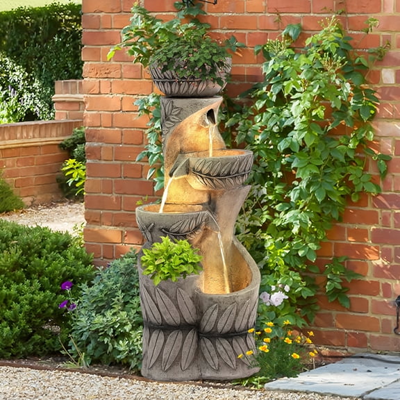 Haverchair 36''H Cascading Garden Water Fountain, 4-Tier Outdoor Fountains and Waterfalls w/Lights & Flower Pot, Indoor 3D Leaf Design Water Feature for Garden, Patio, Backyard, Porch and Home Decor