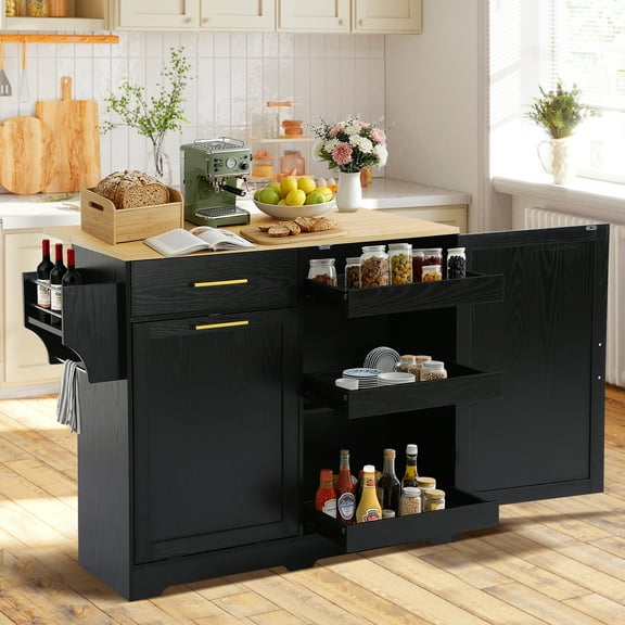 Haverchair 39.7" Kitchen Island with Drop Leaf and Storage Cabinet, Mobile Kitchen Rolling Bar Cart with Trash Can Cabinet and Drawer, Modern Island Table for Kitchen with Spice Rack and Towel Rack