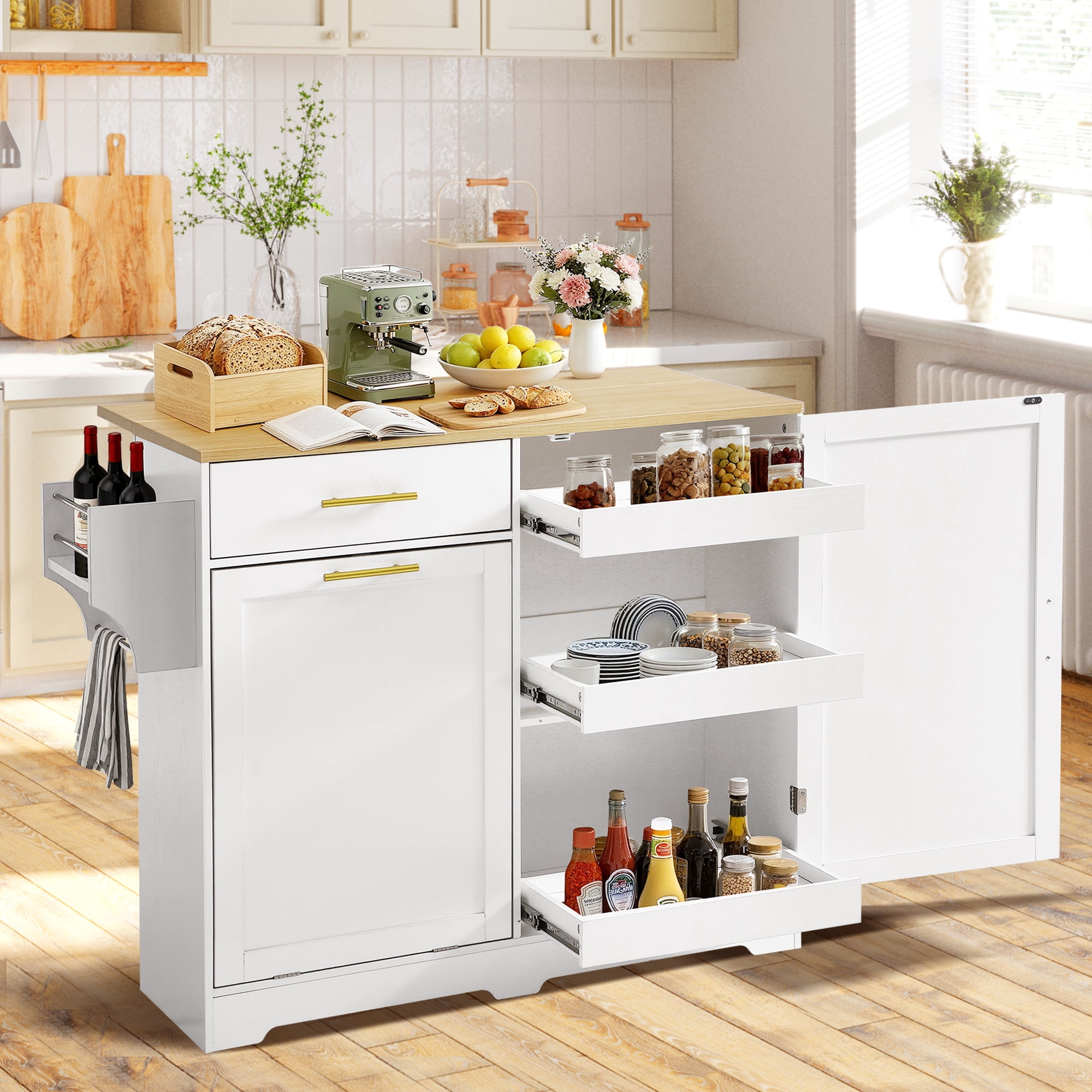 Haverchair 39.7" Kitchen Island with Drop Leaf and Storage Cabinet, Mobile Kitchen Rolling Bar Cart with Trash Can Cabinet and Drawer, Modern Island Table for Kitchen with Spice Rack and Towel Rack