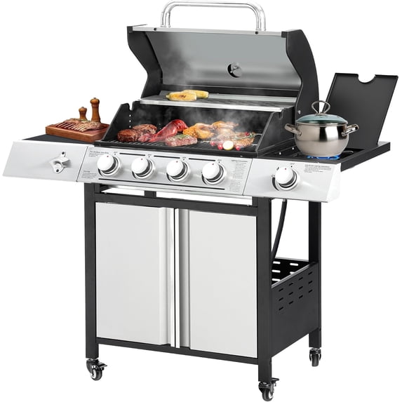 Haverchair 4-Burner Gas BBQ Grill, Silver Stainless Steel Barbecue Gas Grill with Side Burner and Bottle Opener for Outdoor Patio Garden Picnic Backyard Cooking, 50,000BTU, Silver