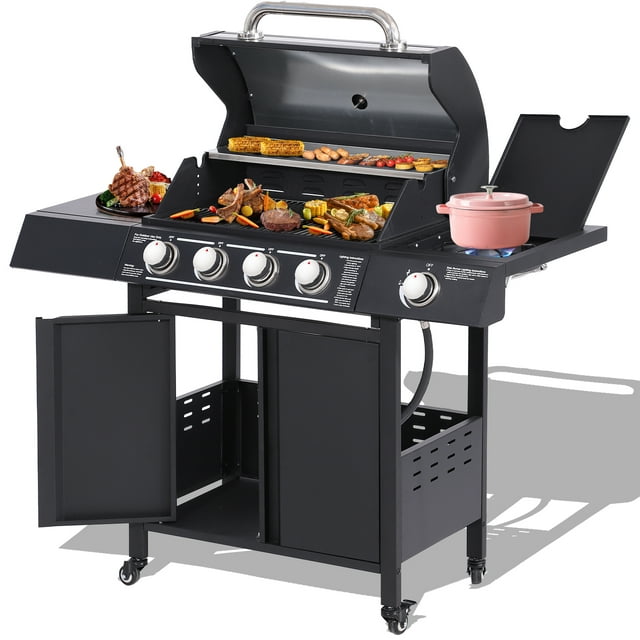 Haverchair 4-Burner Propane Gas Grill with Side Burner and Stainless Steel Grates 50,000 BTU Outdoor Cooking BBQ Grills Cart,Black