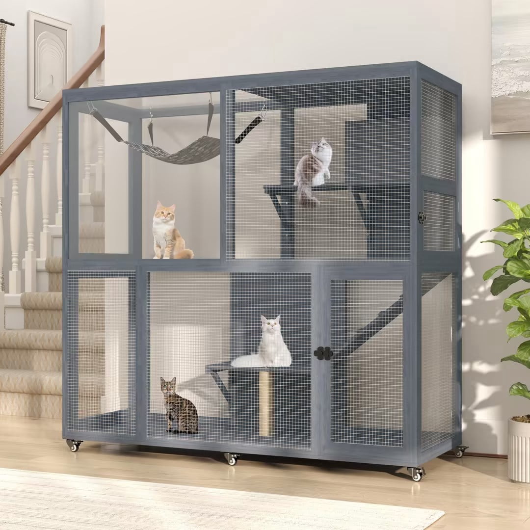 Haverchair 4-Tier Catio Cat Enclosure Outdoor, Portable Cat House Cage for Multiple Cats Indoor, Wood Kitty Condo w/Waterproof Roof Wheels Platforms Hammock Scratching Post for Sunbathing Playing
