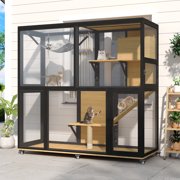 Haverchair 4-Tier Catio Cat Enclosure Outdoor, Portable Cat House Cage for Multiple Cats Indoor, Wood Kitty Condo w/Waterproof Roof Wheels Platforms Hammock Scratching Post for Sunbathing Playing