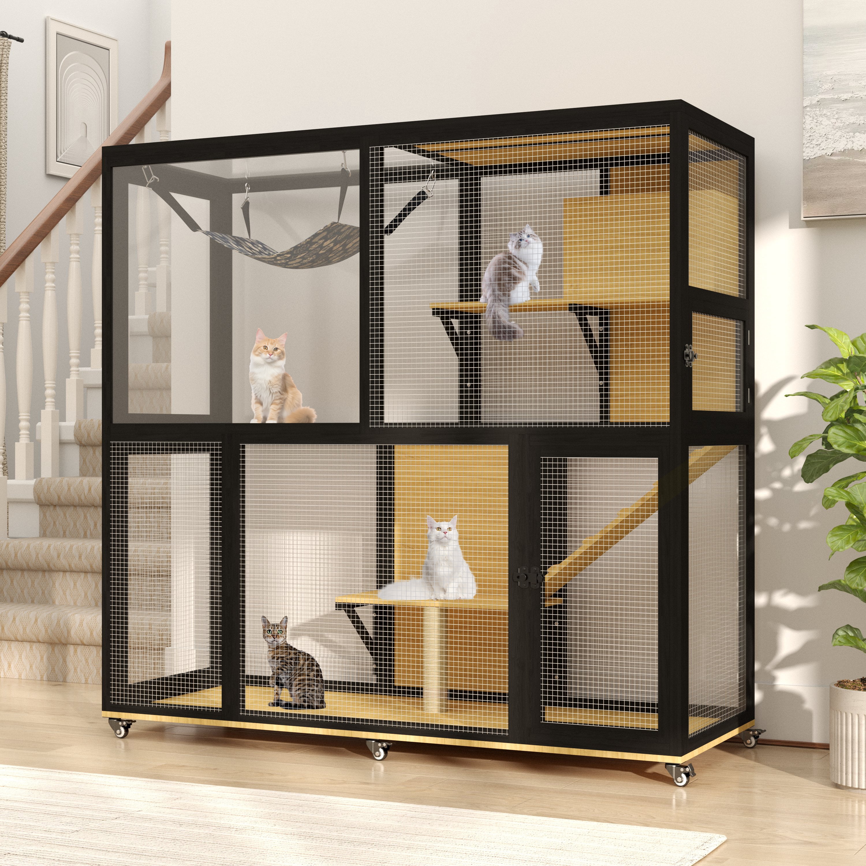 Haverchair 4-Tier Catio Cat Enclosure Outdoor, Portable Cat House Cage for Multiple Cats Indoor, Wood Kitty Condo w/Waterproof Roof Wheels Platforms Hammock Scratching Post for Sunbathing Playing