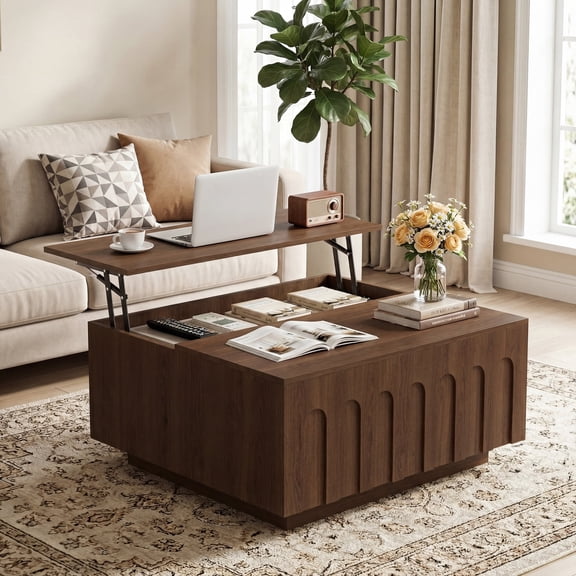 Haverchair 4-in-1 Lift Top Coffee Table with Storage, 31.5" Square Wood Mid Century Modern Arched Fluted Coffee Table, Hidden Storage Center Table with Hydraulic Lifter for Office Living Room