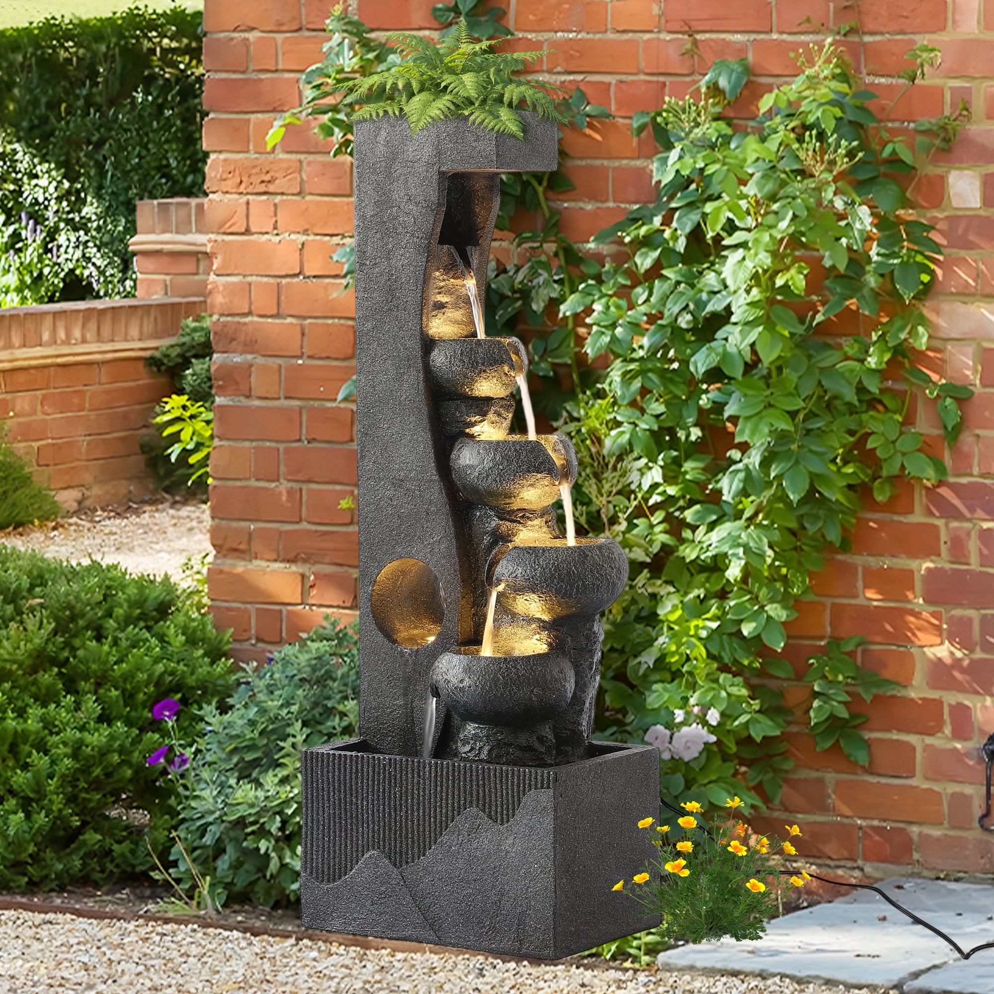 Haverchair 40" H Cascading Rock Water Fountain, 6-Tier Outdoor Garden Waterfall with with Flower Pot and Lights, Indoor Water Feature Fountain for Garden, Patio, Backyard, Porch and Home Art Decor