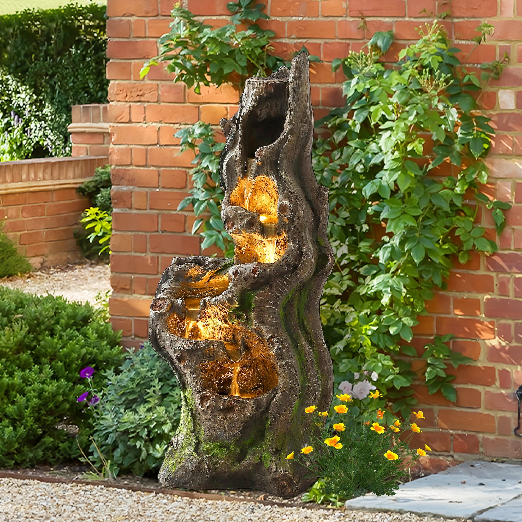 Haverchair 40''H Cascading Rock Water Fountain, 6-Tier Outdoor Garden Waterfall with Flower Pot & Lights, Indoor Water Feature Tree Trunk Look Decor for Garden, Patio, Backyard, Porch Home Art Decor