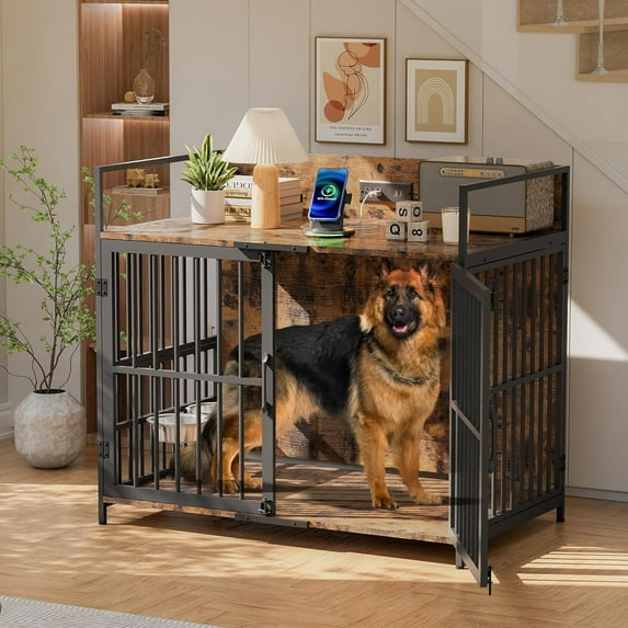 Haverchair 41" Dog Crate Furniture, Indoor Wooden Large Dog Kennel with 2 Rotating Feeder Bowls, Heavy Duty Dog Crates with Charging Station as End Table