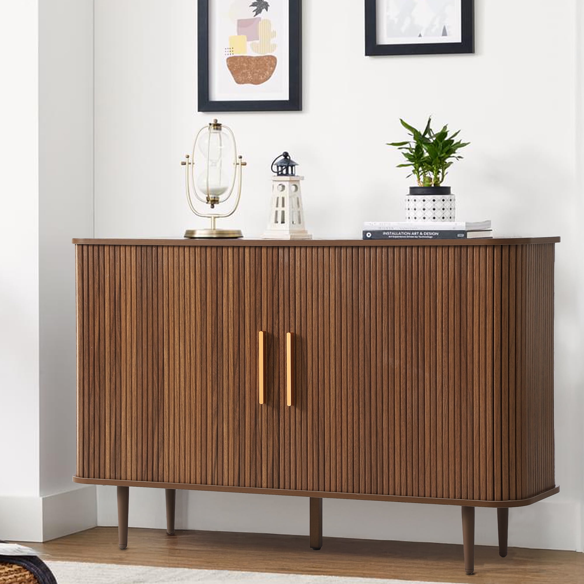 Brown Oak Grain 47" Sideboard Buffet Cabinet with Fluted Sliding Doors