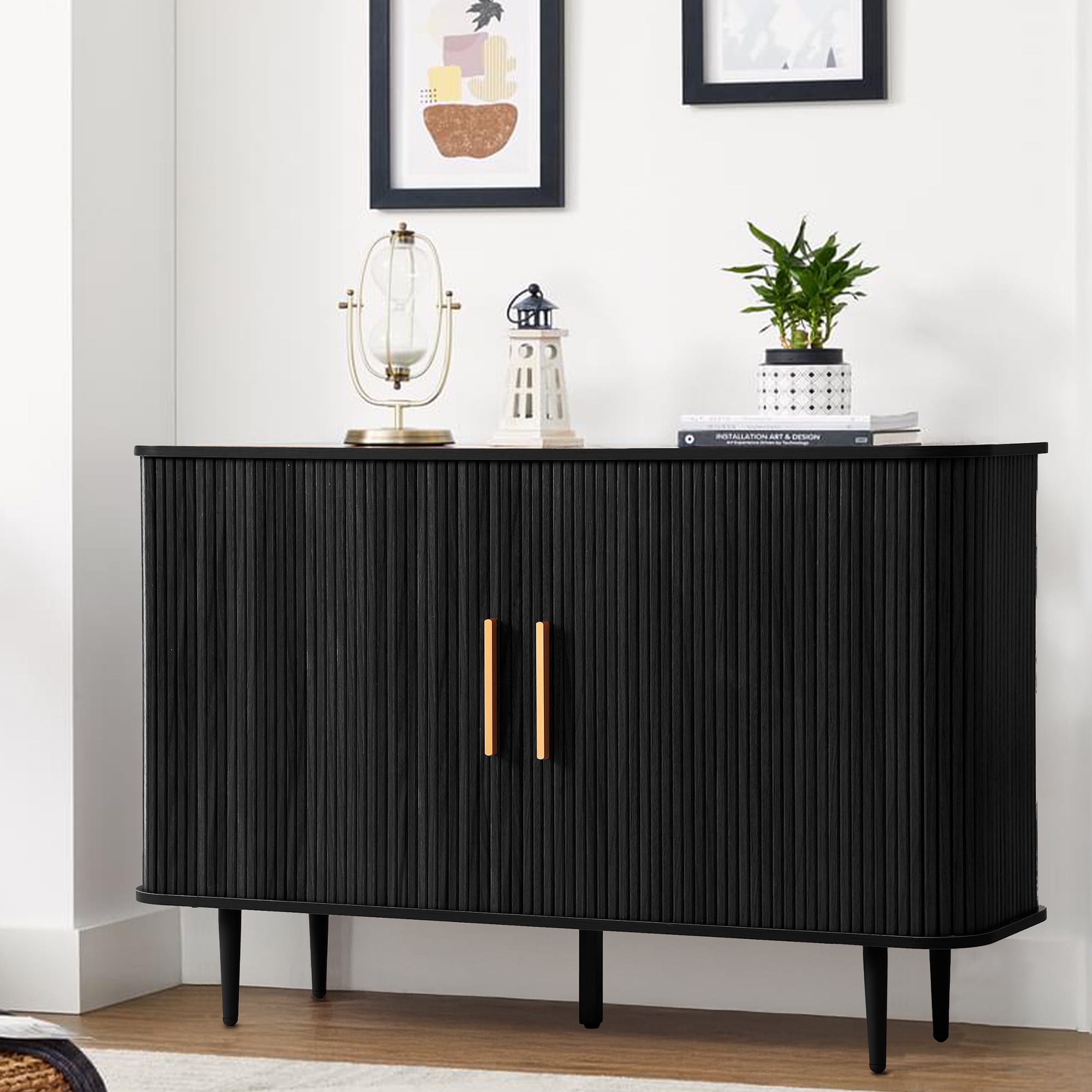 47" Black Fluted MDF Sideboard Buffet Cabinet with Sliding Doors