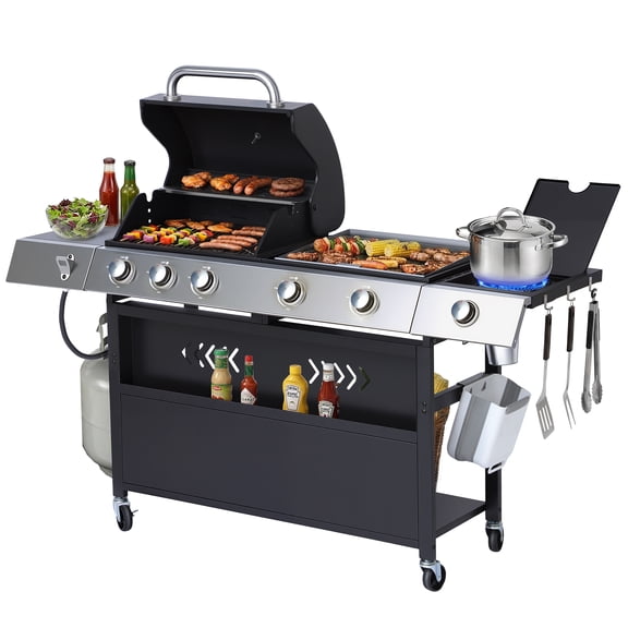 Haverchair 5 Burner Gas Grill Griddle Combo with Side Burner, 3 in 1 Propane Gas BBQ Grill W/Enameled Cast Iron Grates and Flat Top Griddle, Portable Grill with Storage for Patio and Party, 58,000BTU