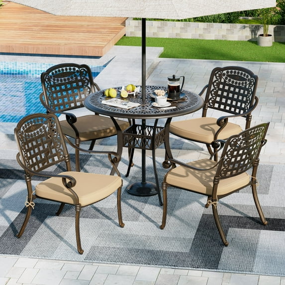 Haverchair 5 Piece Cast Aluminum Outdoor Patio Dining Set, Bronze/Khaki