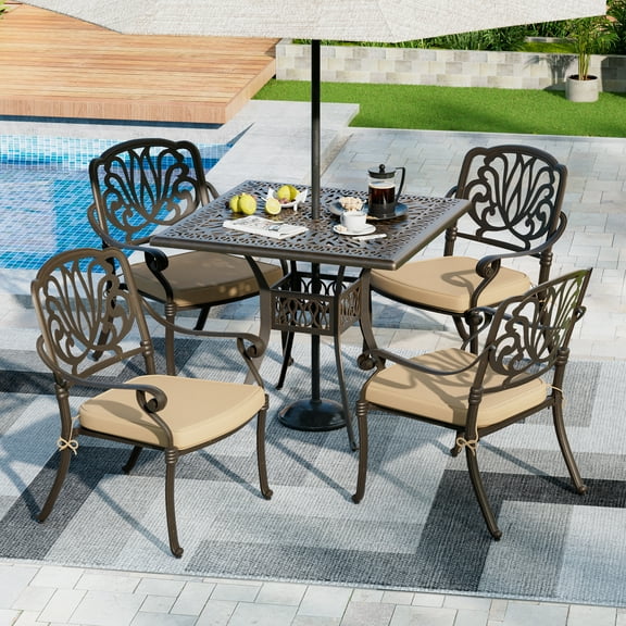 Haverchair 5 Piece Cast Aluminum Patio Dining Set Outdoor Furniture Set Patio Garden Set with 4 Ding Chairs, 4 Khaki Cushions and 35.4" Square Patio Table 2.2" Umbrella Hole, Antique Bronze