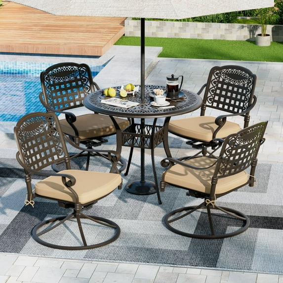 Haverchair 5 Piece Outdoor Dining Set Cast Aluminum Patio Dining Set Table and Chairs Outside Furniture 4 Mesh Swivel Chairs with Khaki Cushions and Umbrella Hole Round Dining Table for Garden Patio