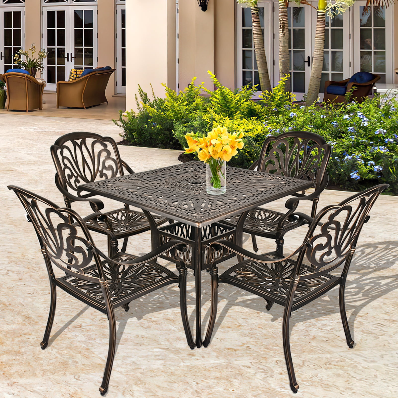 Haverchair 5 Piece Outdoor Cast Aluminum Bistro Dining Set 4 Chairs 1 Table Walmart