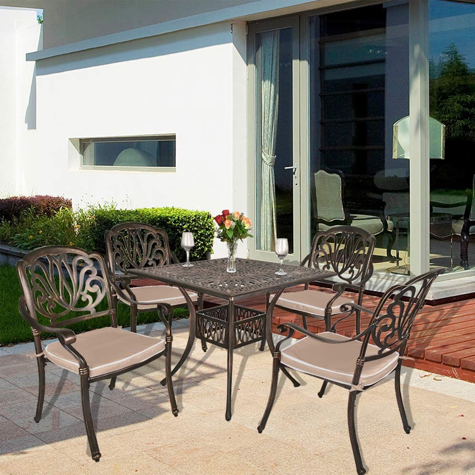 Haverchair 5 Piece Outdoor Patio Dining Set Cast Aluminum with Khaki Cushions Umbrella Hole Walmart