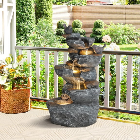 Haverchair 5-Tier Cascading Rock Outdoor Water Fountain, Garden Freestanding Birds Waterfall Fountains Outdoor with LED Lights Birds Decor, Stacked Stone Outdoor Fountains for Garden Patio, 26"H