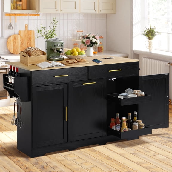 Haverchair 60" Kitchen Island with Drop Leaf and Power Outlet, Mobile Kitchen Rolling Bar Cart with Trash Can Cabinet and Drawers, Modern Island Table for Kitchen with Spice Rack and Towel Rack