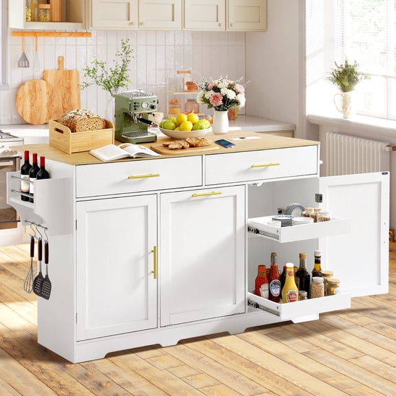 Haverchair 60" Kitchen Island with Drop Leaf and Power Outlet, Mobile Kitchen Rolling Bar Cart with Trash Can Cabinet and Drawers, Modern Island Table for Kitchen with Spice Rack and Towel Rack