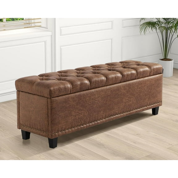 Haverchair 51" Ottoman Storage Benches, 30 Gallons End of Bed Storage Bench, Large Rectangular Storage Ottoman, Button-Tufted Ottoman with Storage for Living Room Bedroom, Foot of Bed (Brown)