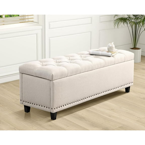 Haverchair 51" Ottoman Storage Benches, 30 Gallons End of Bed Storage Bench, Large Rectangular Storage Ottoman, Button-Tufted Ottoman with Storage for Living Room Bedroom, Foot of Bed (Beige)