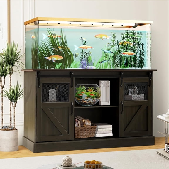 Haverchair 55-75 Gallon Fish Tank Stand with Power Outlet, Heavy Duty Large Aquarium Stand with Sliding Barn Door and Cabinet Storage for 2 Fish Tank Turtle Tank Reptile Terrarium, 1000LBS Capacity