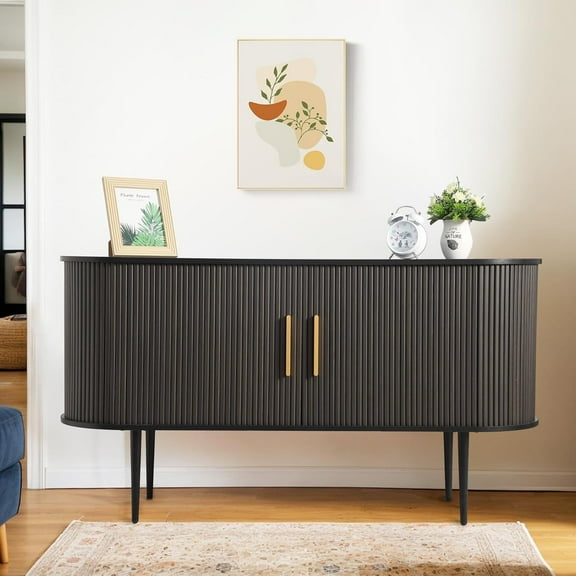 Haverchair 55" Storage Cabinet with Tambour Doors and Shelves, Fluted Sideboard Buffet Cabinet, Credenza Storage Cabinet for Living Room, Sideboard Accent Console Storage Cabinet for Entryway (Black)