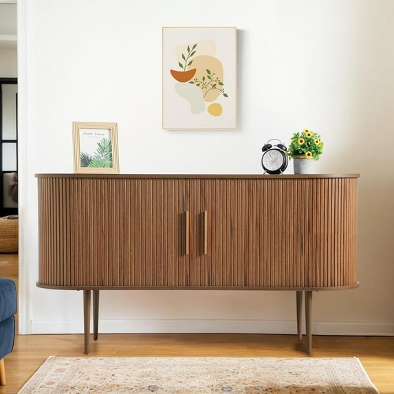 Haverchair 55" Storage Cabinet with Tambour Doors and Shelves, Fluted Sideboard Buffet Cabinet, Credenza Storage Cabinet for Living Room, Sideboard Accent Console Storage Cabinet for Entryway (Brown)