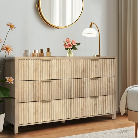 Haverchair 6 Drawer Dresser with Fluted Panel, Wide Chest of Drawers, Curved Wooden Dresser for Closet with Metal Wide Handle, Storage Dresser Organizer for Bedroom, Living Room, Hallway, Natural