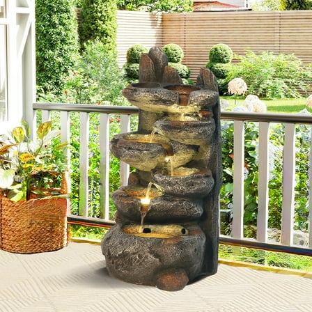 Haverchair 6-Tier Cascading Rockery Fountain, Garden Floor-Standing Stone Waterfall Fountain with LED Light Pump Rocky Peak Decor, Soothing Tranquility Water Fountain for Home Garden Yard, 26"H