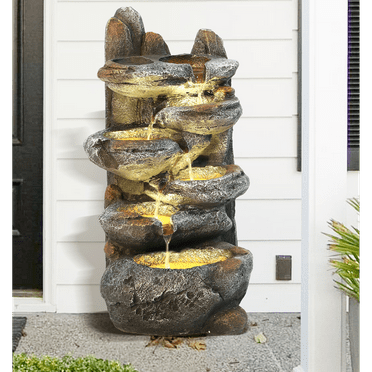 Haverchair 6-Tier Cascading Rockery Fountain, Garden Floor-Standing Stone Waterfall Fountain with LED Light Pump Rocky Peak Decor, Soothing Tranquility Water Fountain for Home Garden Yard, 26"H