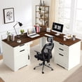 thumbnail image 1 of Haverchair 60" Executive L Shaped Desk with Drawers, Farmhouse Home Office Desk with Charging Station, Wood Corner Computer Desk with File Cabinet, Writing Computer Desk for Work and Study, 1 of 8