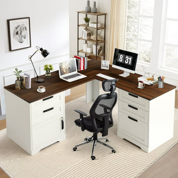 Haverchair 60" Executive L Shaped Desk with Drawers, Farmhouse Home Office Desk with Charging Station, Wood Corner Computer Desk with File Cabinet, Writing Computer Desk for Work and Study