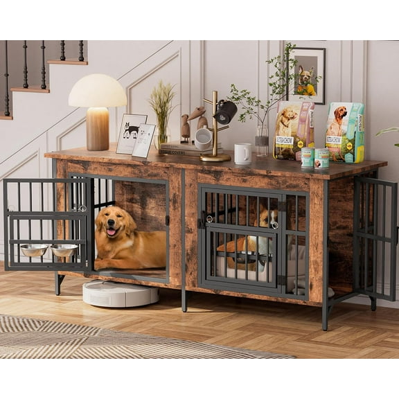 Haverchair 63" Double Dog Crate Furniture for 2 Dogs, Wooden Dog Kennel with Removable Divider, XL Dog House Indoor with Rotating Bowl Holders, Heavy Duty Dog Crate TV Stand