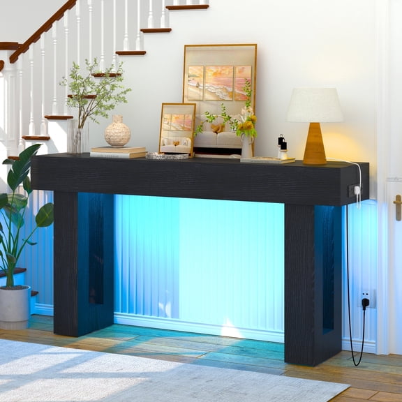 Haverchair 63 Inch Long Console Table with Outlets and USB Ports, Wooden Sofa Table Behind Couch with LED Lights, Farmhouse Rectangular Entryway Accent Table for Living Room, Hallway, Entrance